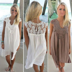 Fashion Women Casual Chiffon Dress V neck Short Sleeve Lace Crochet Patchwork Hollow Out Mini Loose Beach Dress Plus Size