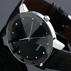 Colck Style Watch Stainless Steel + PU Leather Strap Man Quartz Analog Black