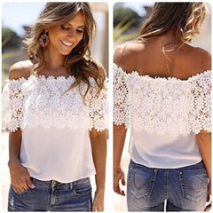 Fantastic Sexy Women Off Shoulder Casual Tops Blouse Lace Crochet Chiffon Shirt  Black/White S/M/L/XL/XXL/XXL