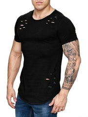 Men's Summer Tights Sports Fitness Wear Short Sleeved T-shirt Hole Round Neck