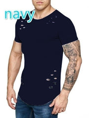 Men's Summer Tights Sports Fitness Wear Short Sleeved T-shirt Hole Round Neck