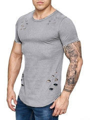 Men's Summer Tights Sports Fitness Wear Short Sleeved T-shirt Hole Round Neck