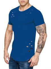 Men's Summer Tights Sports Fitness Wear Short Sleeved T-shirt Hole Round Neck
