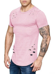 Men's Summer Tights Sports Fitness Wear Short Sleeved T-shirt Hole Round Neck