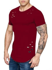 Men's Summer Tights Sports Fitness Wear Short Sleeved T-shirt Hole Round Neck