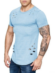 Men's Summer Tights Sports Fitness Wear Short Sleeved T-shirt Hole Round Neck