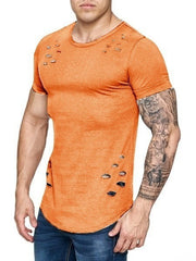 Men's Summer Tights Sports Fitness Wear Short Sleeved T-shirt Hole Round Neck