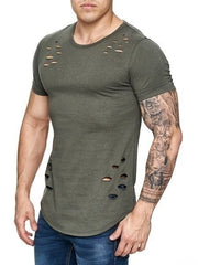 Men's Summer Tights Sports Fitness Wear Short Sleeved T-shirt Hole Round Neck