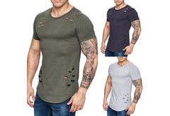 Men's Summer Tights Sports Fitness Wear Short Sleeved T-shirt Hole Round Neck