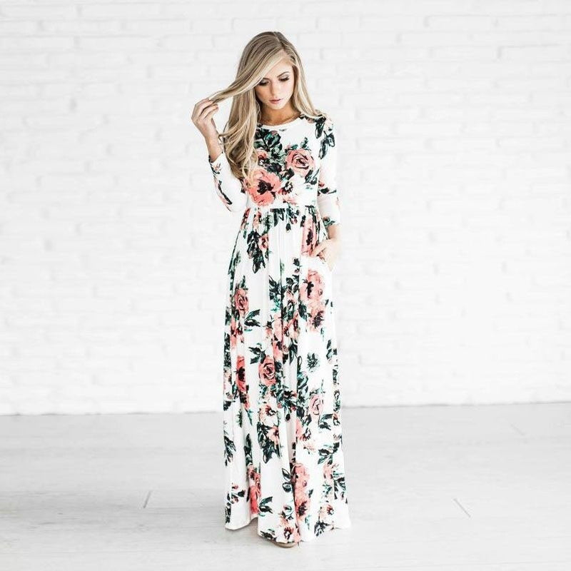 2017 New Summer Dress Women Rose Print Dresses O-Neck 3/4 Sleeve Tunic | PopsGadgets 2017 New Summer Dress Women Rose Print Dresses O-Neck 3/4 Sleeve Tunic | PopsGadgets