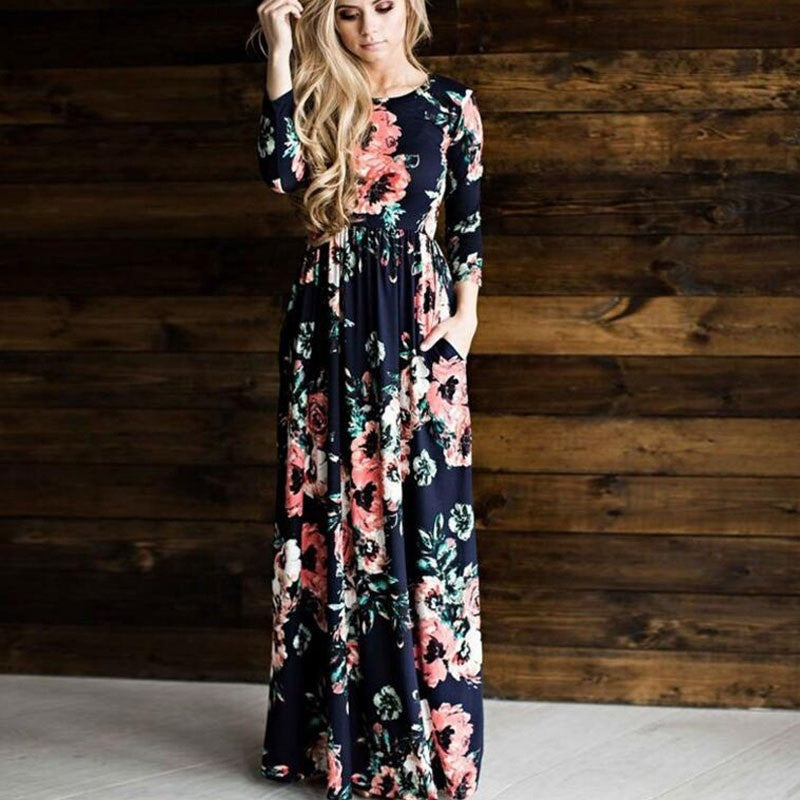 2017 New Summer Dress Women Rose Print Dresses O-Neck 3/4 Sleeve Tunic 2017 New Summer Dress Women Rose Print Dresses O-Neck 3/4 Sleeve Tunic