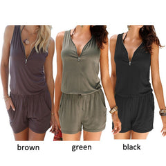 Beach Casual V-neck Fashion Sleeveless Zipper Slim Woman's Jumpsuit Rompers