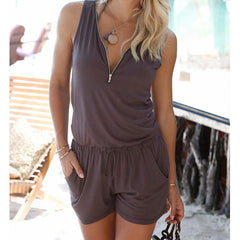 Beach Casual V-neck Fashion Sleeveless Zipper Slim Woman's Jumpsuit Rompers