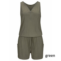 Beach Casual V-neck Fashion Sleeveless Zipper Slim Woman's Jumpsuit Rompers