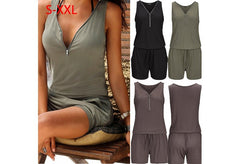 Beach Casual V-neck Fashion Sleeveless Zipper Slim Woman's Jumpsuit Rompers