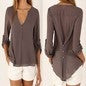 New Fashion Casual Sexy Deep V Neck Button Slim Waist Long Sleeves Chiffon Blouse Shirt Top