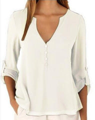 New Fashion Casual Sexy Deep V Neck Button Slim Waist Long Sleeves Chiffon Blouse Shirt Top