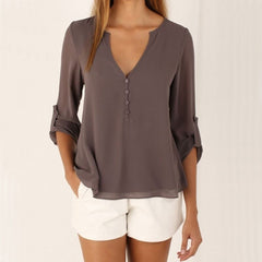 New Fashion Casual Sexy Deep V Neck Button Slim Waist Long Sleeves Chiffon Blouse Shirt Top