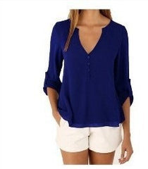 New Fashion Casual Sexy Deep V Neck Button Slim Waist Long Sleeves Chiffon Blouse Shirt Top