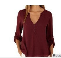 New Fashion Casual Sexy Deep V Neck Button Slim Waist Long Sleeves Chiffon Blouse Shirt Top