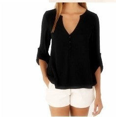 New Fashion Casual Sexy Deep V Neck Button Slim Waist Long Sleeves Chiffon Blouse Shirt Top
