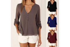 New Fashion Casual Sexy Deep V Neck Button Slim Waist Long Sleeves Chiffon Blouse Shirt Top