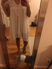 Fashion Women Casual Chiffon Dress V neck Short Sleeve Lace Crochet Patchwork Hollow Out Mini Loose Beach Dress Plus Size